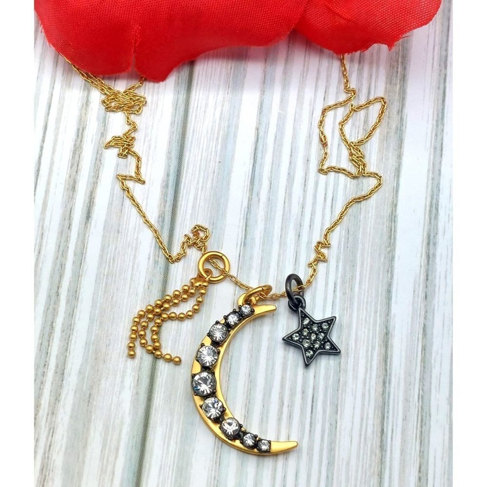 Juicy Couture Gold Tone Pendant Chain Necklace MOON & STARS Long Adjusts to ALL